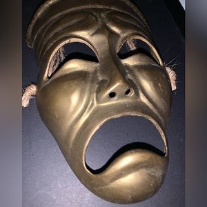 Vintage Solid Brass Tragedy Theatre Mask Twine For Hanging